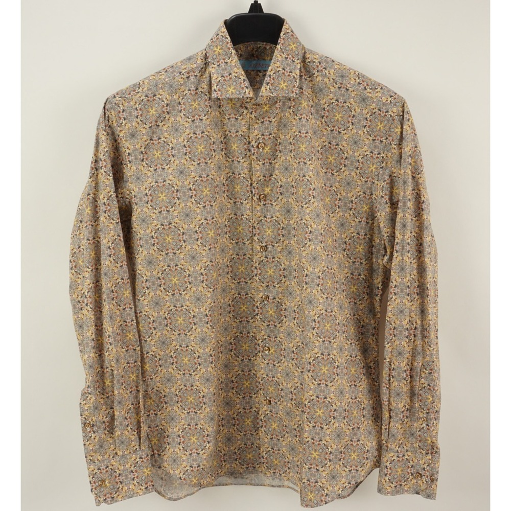 AteSeta Geometric Paisley Mosaic Button Up Shirt Men's 41 / 16 Yellow Cutaway